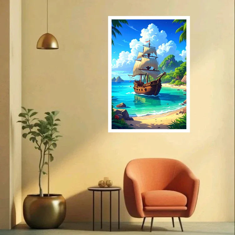 A framed vertical art print depicting a pirate ship sailing into a tropical beach, displayed on a beige wall in a modern living room setting with a chair, side table, and potted plant.