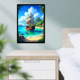 A framed vertical art print depicting a pirate ship sailing in a tropical beach harbor, displayed on a light gray wall above a wooden nightstand next to a bed.