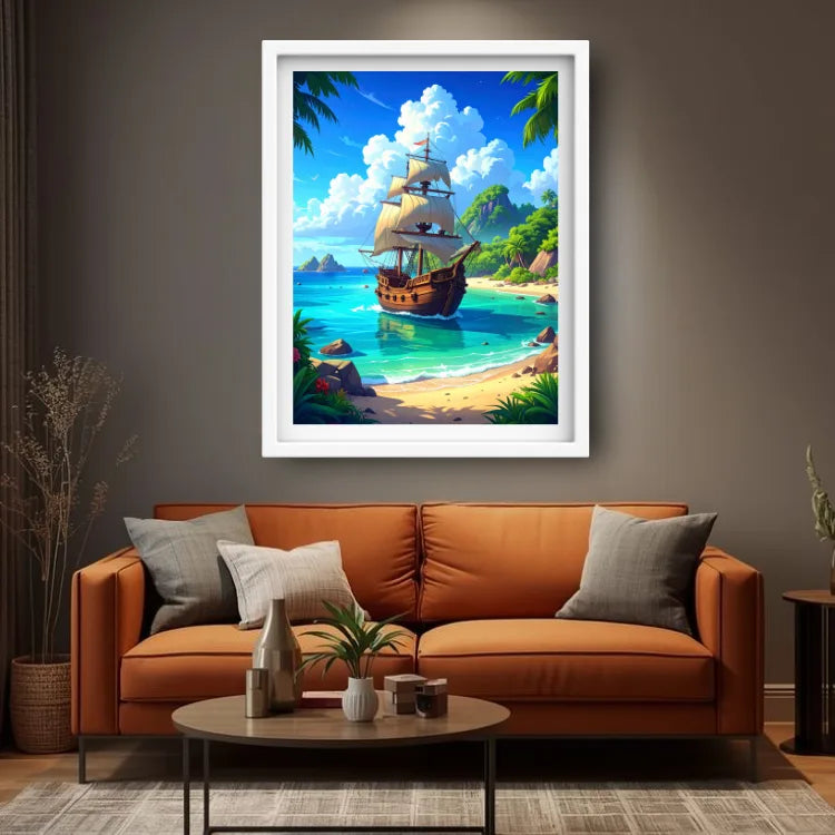A framed colorful painting of a pirate ship sailing on turquoise waters is displayed on a dark gray wall above an orange-brown leather sofa in a styled living room.