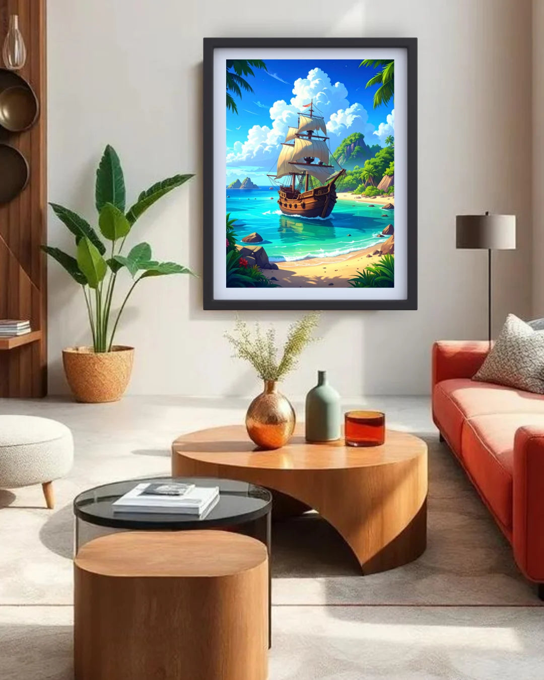 Colorful tropical ship seascape canvas wall art
