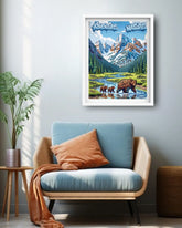 mountain beer canvas artwork displayed in cozy living room