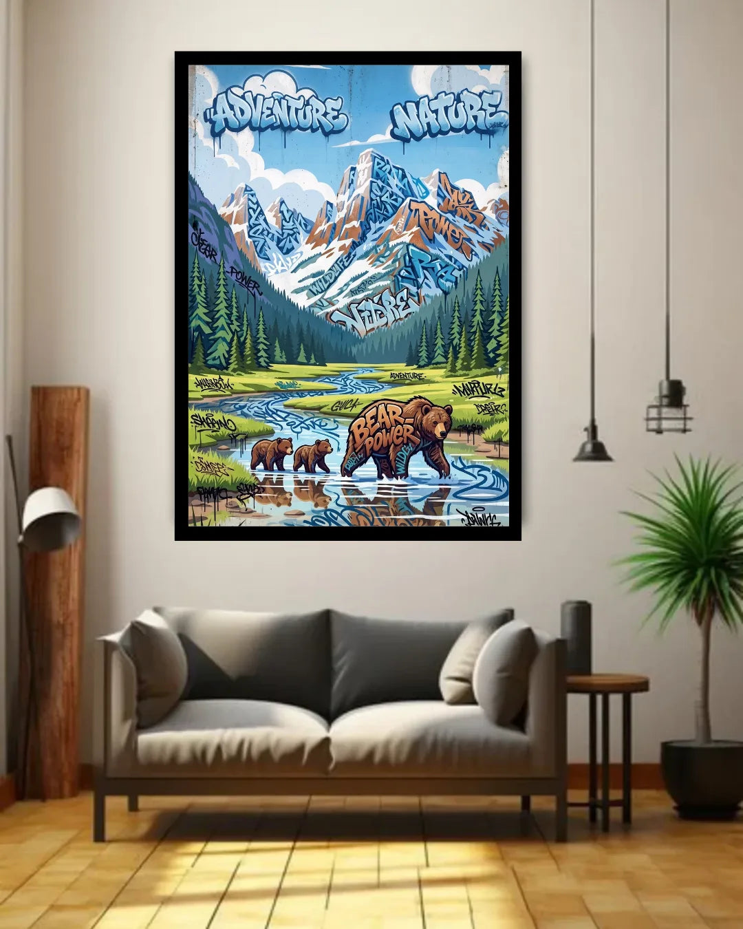 Framed poster of bears by a mountain lake in a living room setting.