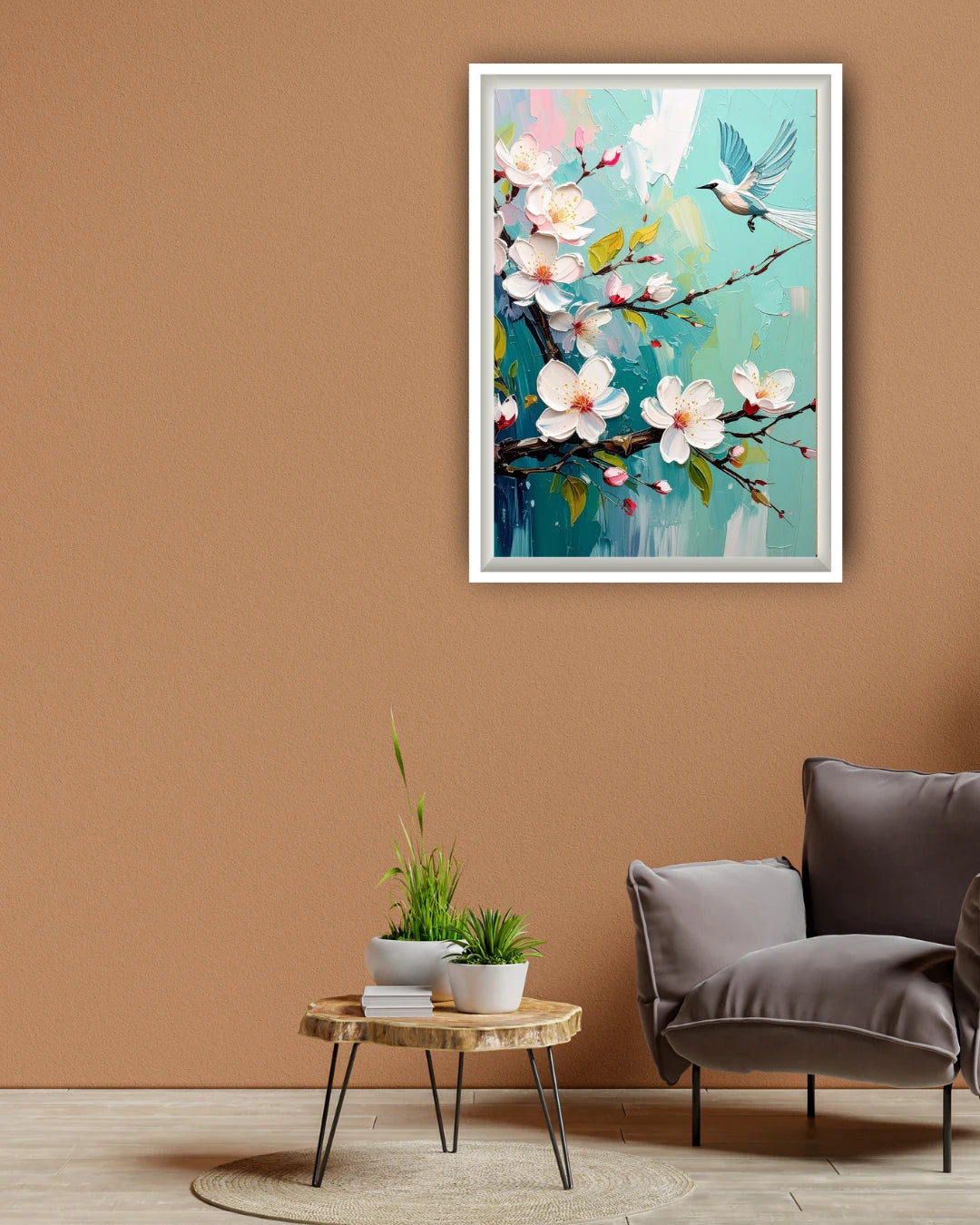 Bird and blossom floral wall art canvas hanging on a brown wall in a stylish interior
