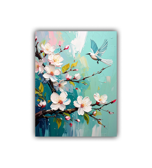 Close-up view of bird and blossom floral wall art canvas painting
