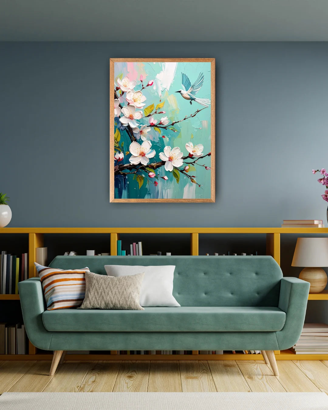 Bird and blossom floral wall art canvas displayed above a green sofa in a modern living room
