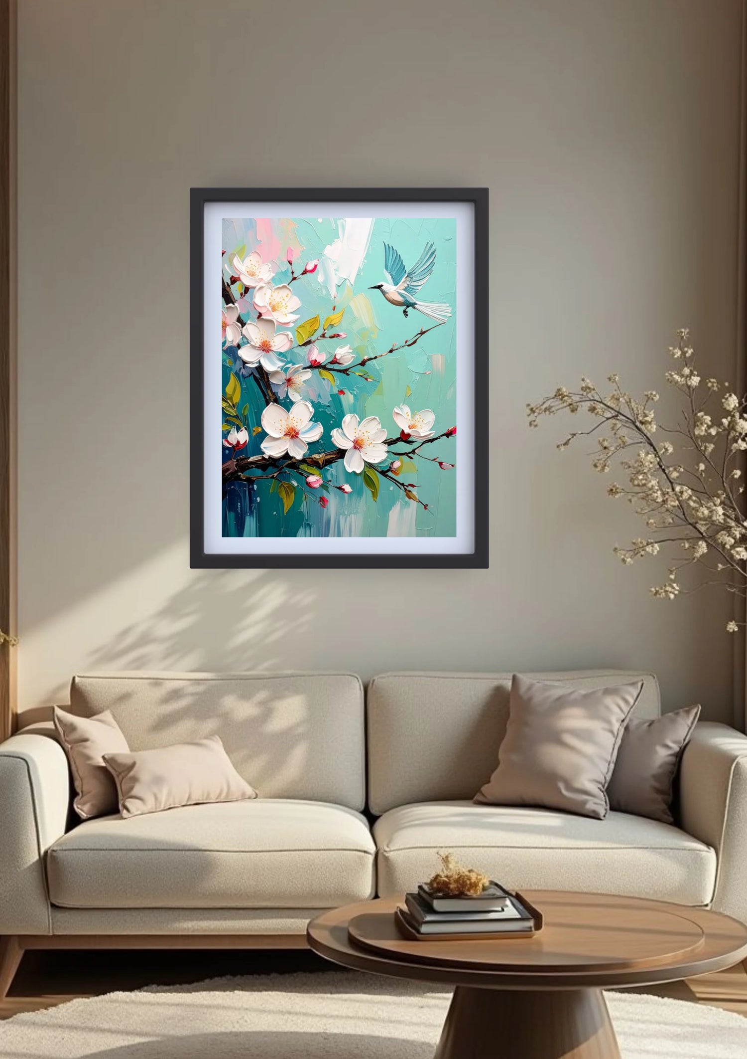 Neutral living room decorated with bird and blossom floral wall art canvas above sofa
