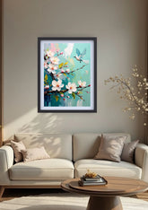 Neutral living room decorated with bird and blossom floral wall art canvas above sofa
