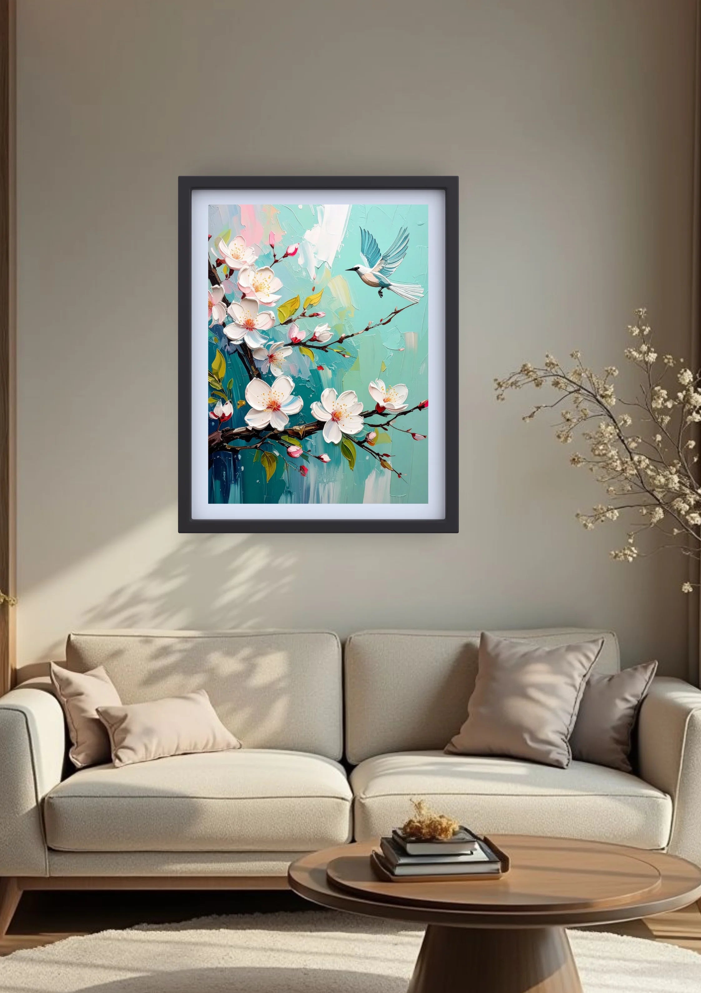 Neutral living room decorated with bird and blossom floral wall art canvas above sofa
