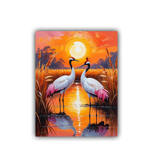 Bird pair wall art canvas painting in warm abstract colors