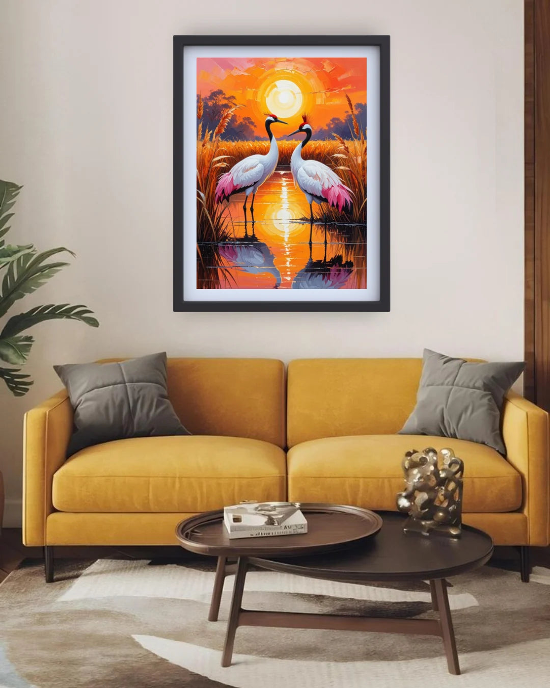 Yellow sofa in a living room with a painting of cranes on the wall.