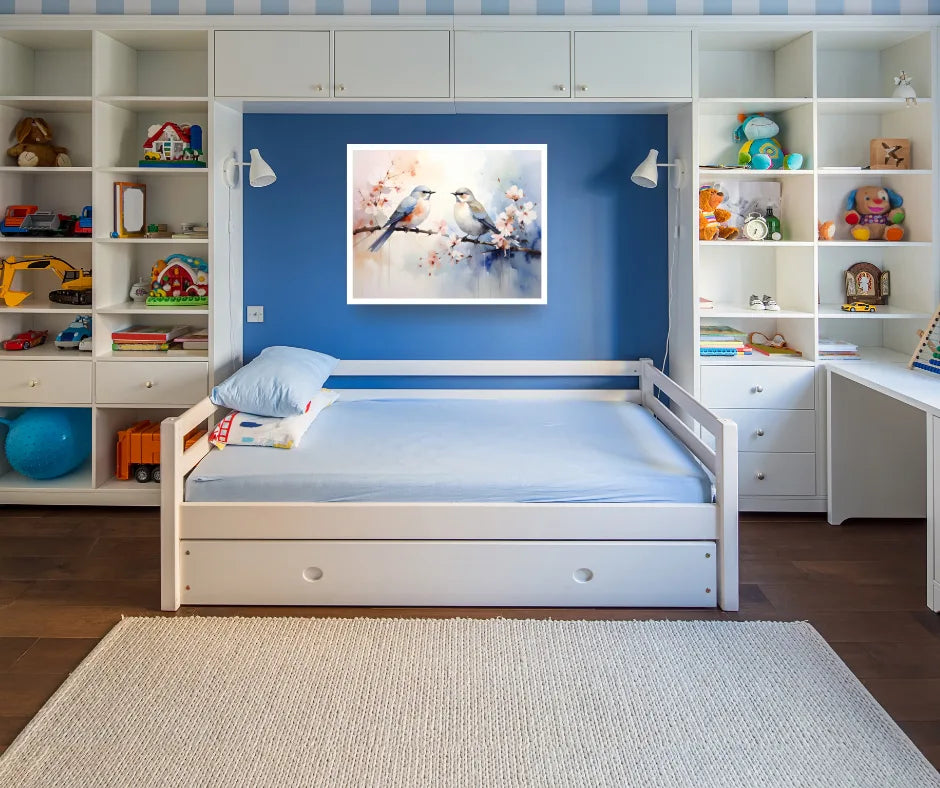 Birds canvas painting for kids room wall decor with soft nature theme