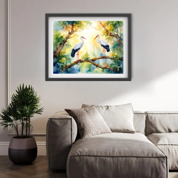 Framed painting of two birds on a branch above a living room with a sofa and plant.