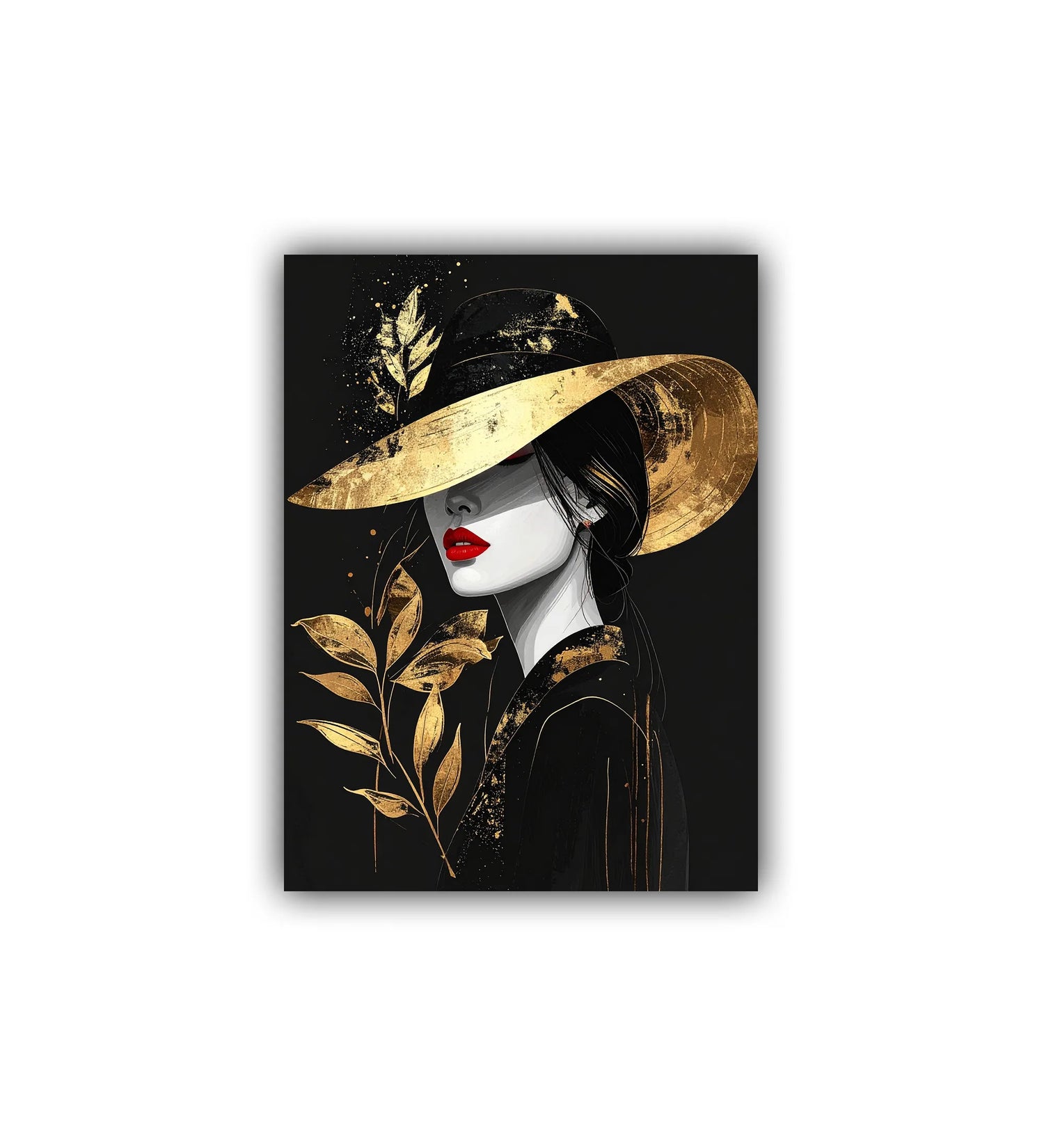 black gold woman portrait wall art canvas with hat