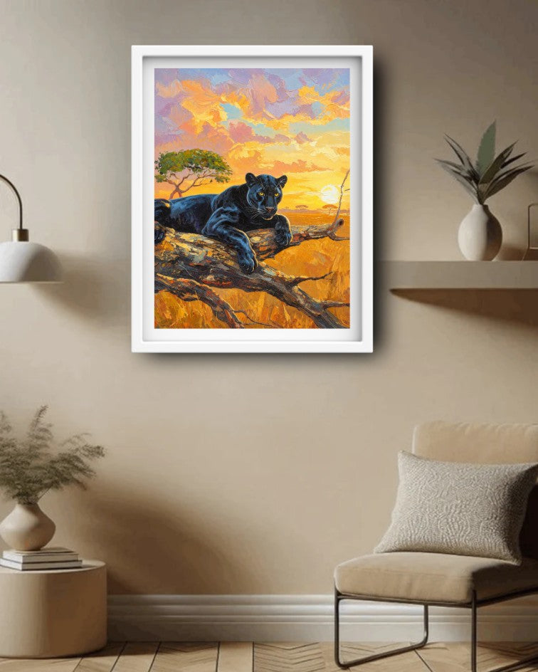 Elegant black panther canvas wall art enhancing a modern bedroom with neutral décor