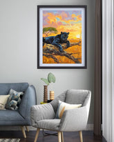 Black panther canvas artwork adding a bold wildlife accent to a cozy modern lounge.