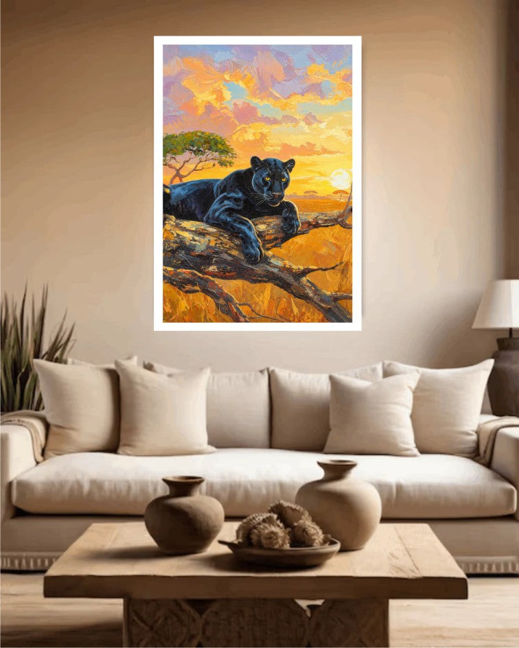 Black panther canvas wall art displayed in a modern living room with warm contemporary décor.
