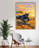 Premium black panther wall art displayed in a minimalist living room with elegant furnishings.