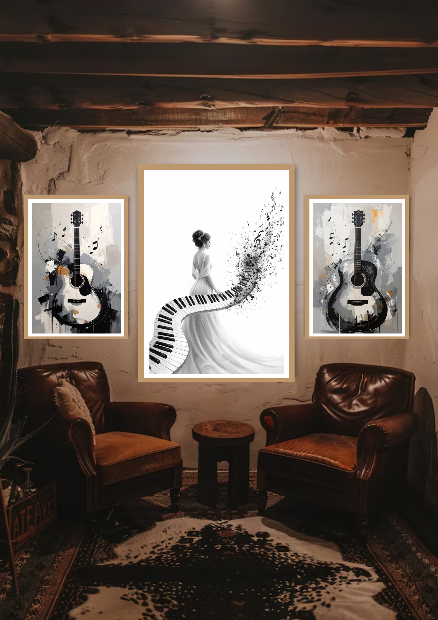 Black and white guitar wall art canvas set for living room decor