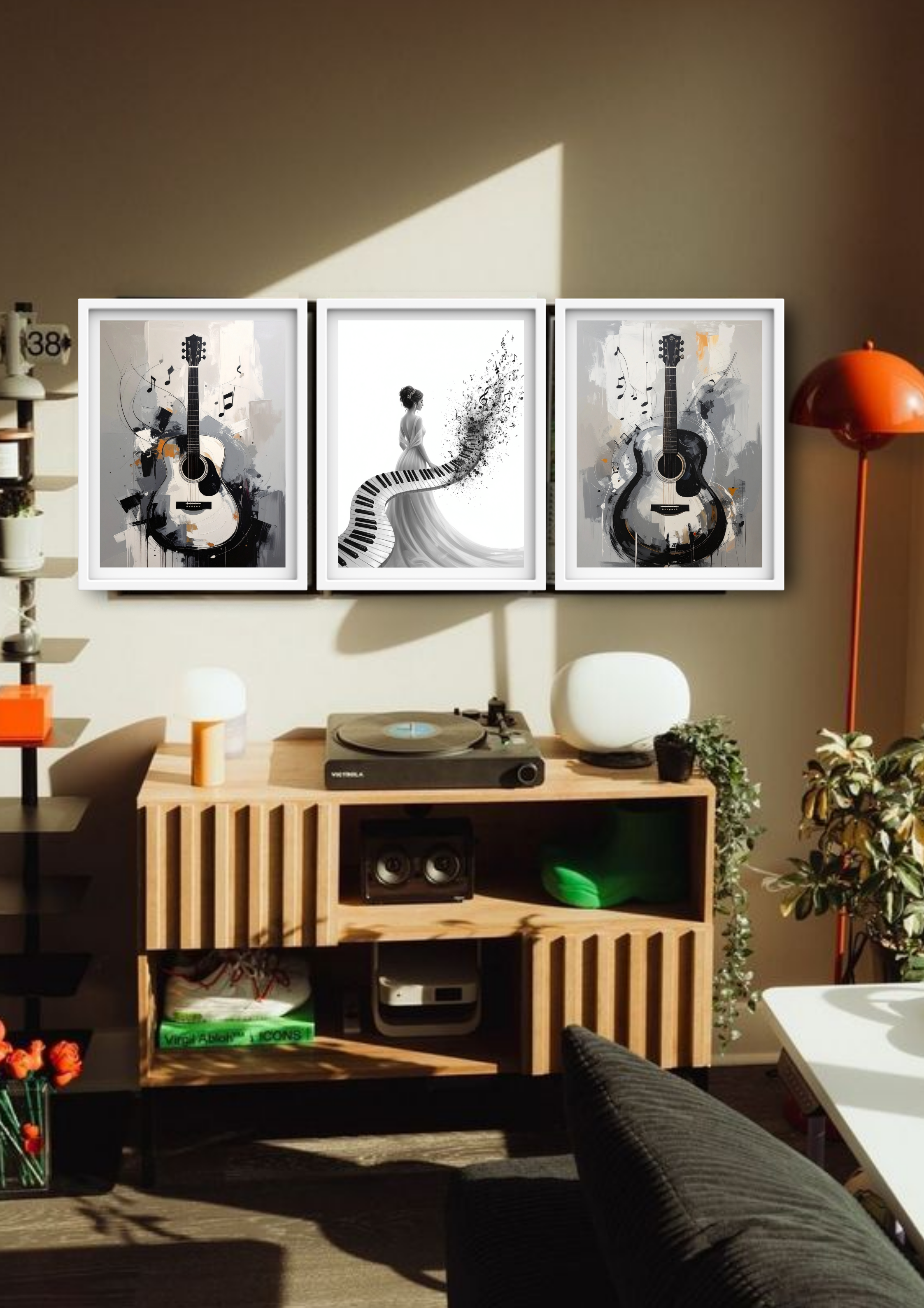 Black and white guitar wall art canvas painting set