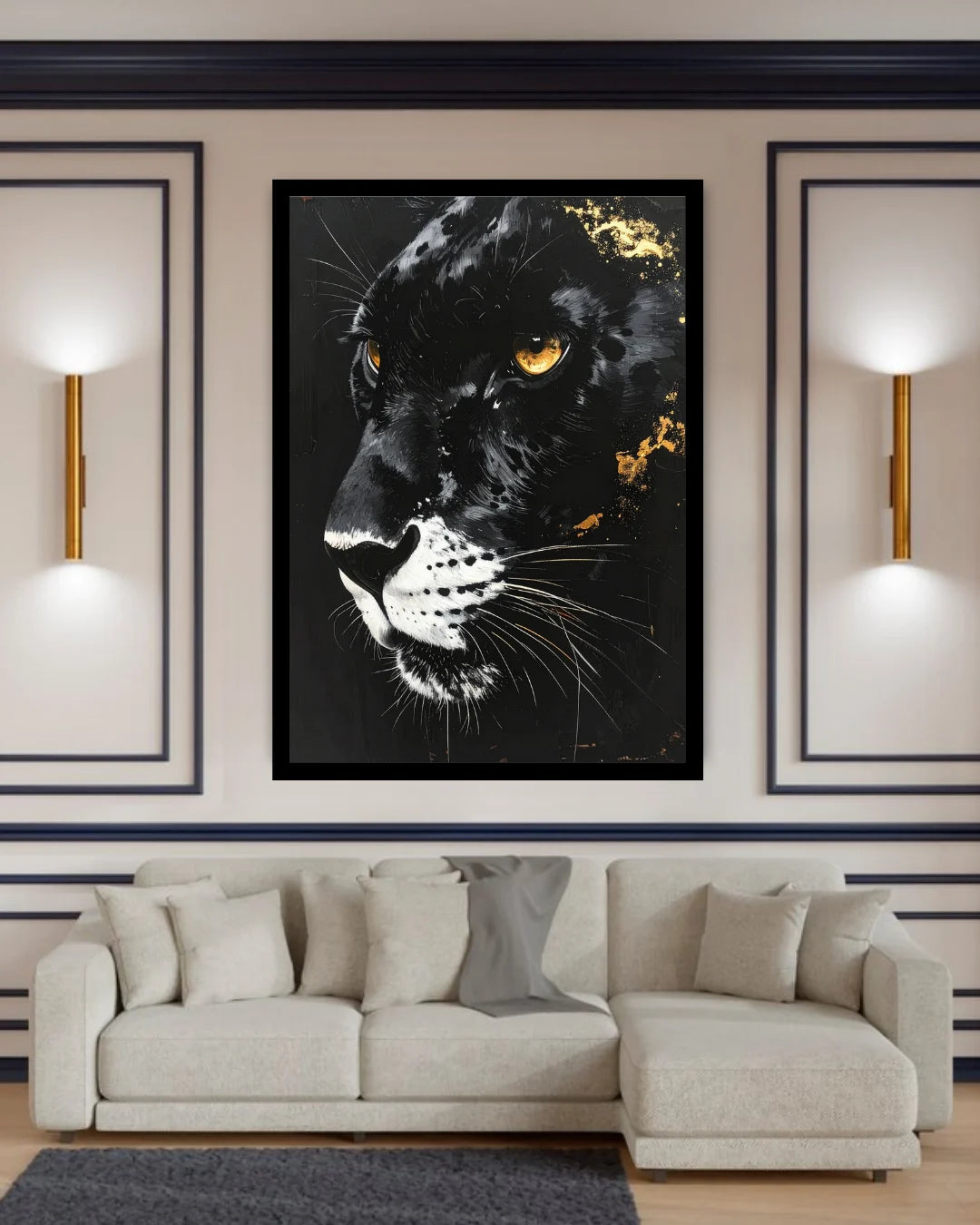 A framed black panther wall art print with glowing amber eyes and gold accents, displayed in a modern living room setting above a light beige sectional sofa.