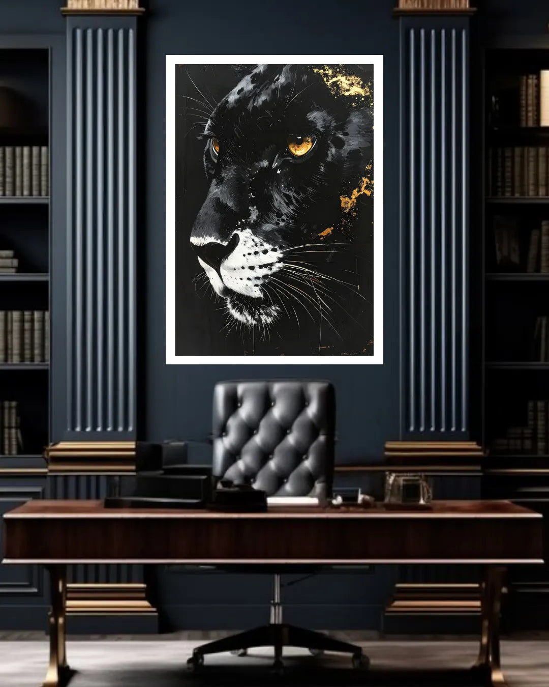 A framed wall art print of a black panther with striking yellow eyes, displayed in a dark navy office setting above a wooden desk and black tufted chair.