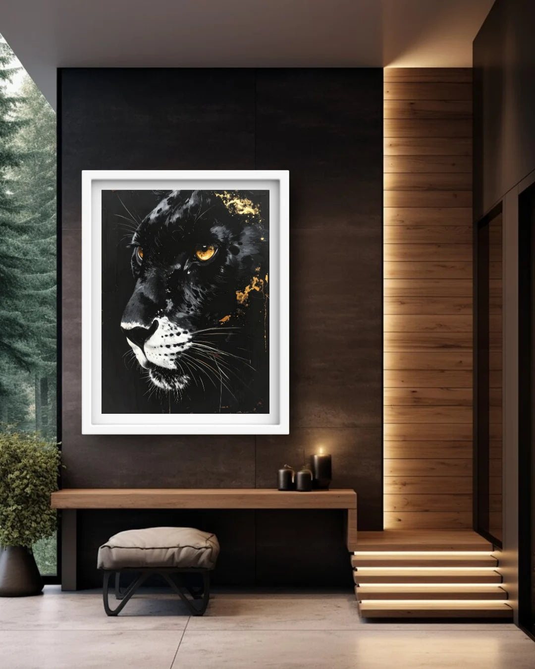 A framed black panther portrait with glowing amber eyes hangs on a dark wall in a modern interior setting with a bench, stool, candles, wood paneling, and steps.