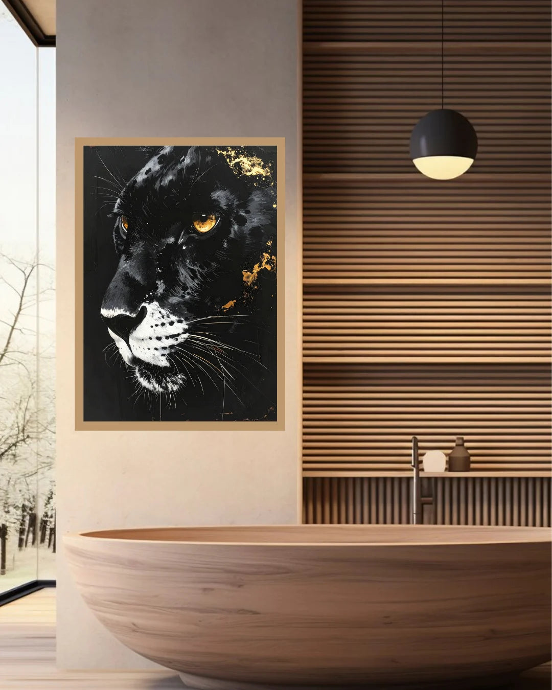 A framed wall art print featuring a black panther portrait with gold and white details, displayed in a modern bathroom setting above a wooden bathtub.