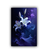 Blue abstract floral wall art painting in black frame on a light background
