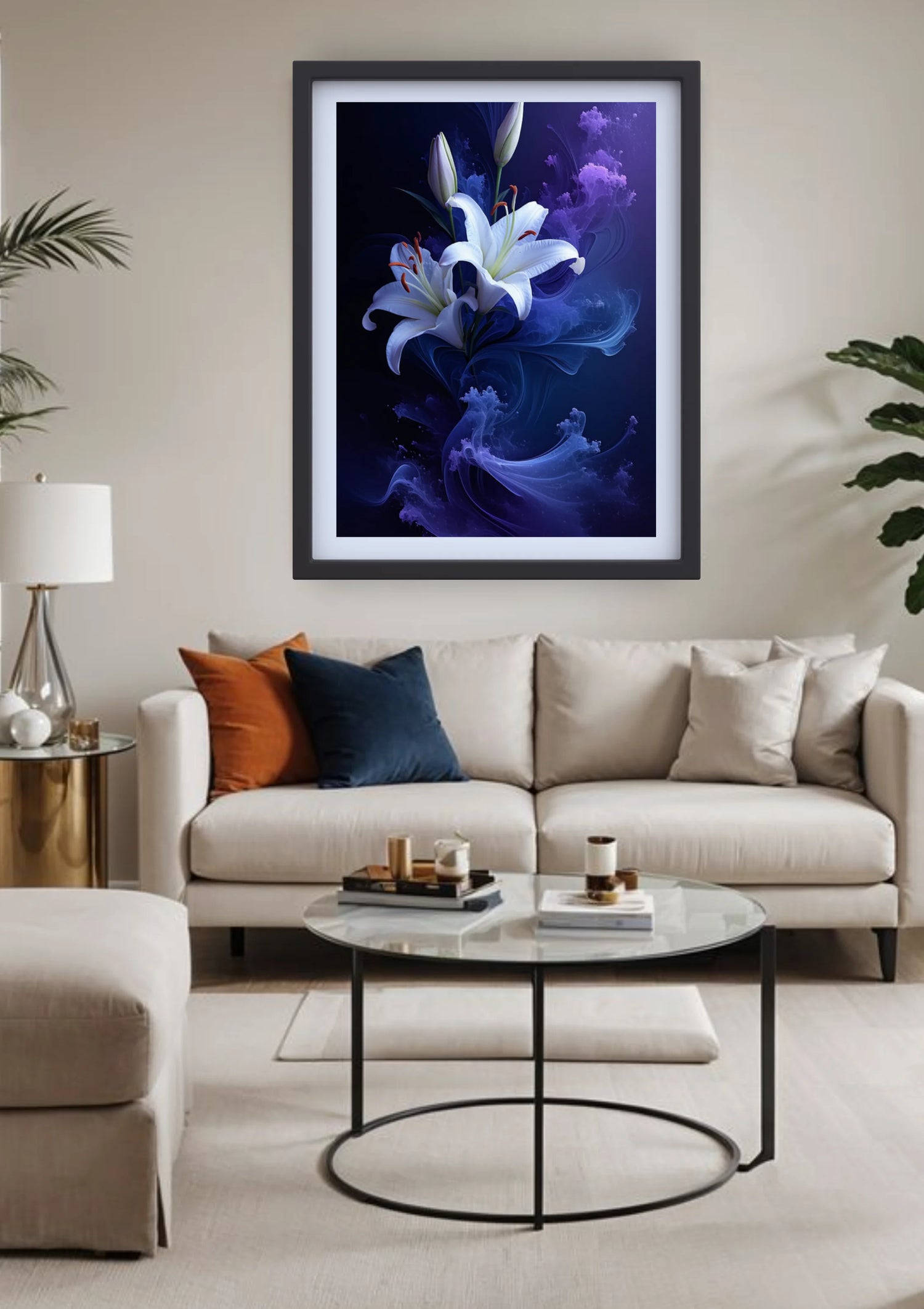 Modern living room wall decorated with blue abstract floral wall art above sofa
