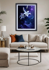 Modern living room wall decorated with blue abstract floral wall art above sofa
