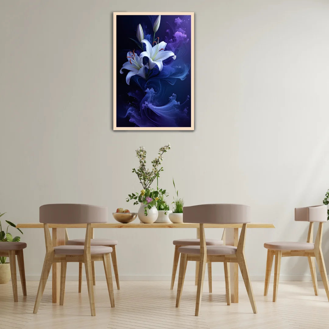 Blue abstract floral wall art frame displayed on a modern dining room wall with wooden table and chairs
