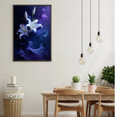 Blue abstract floral wall painting in a minimalist dining room with hanging lights and wooden furniture
