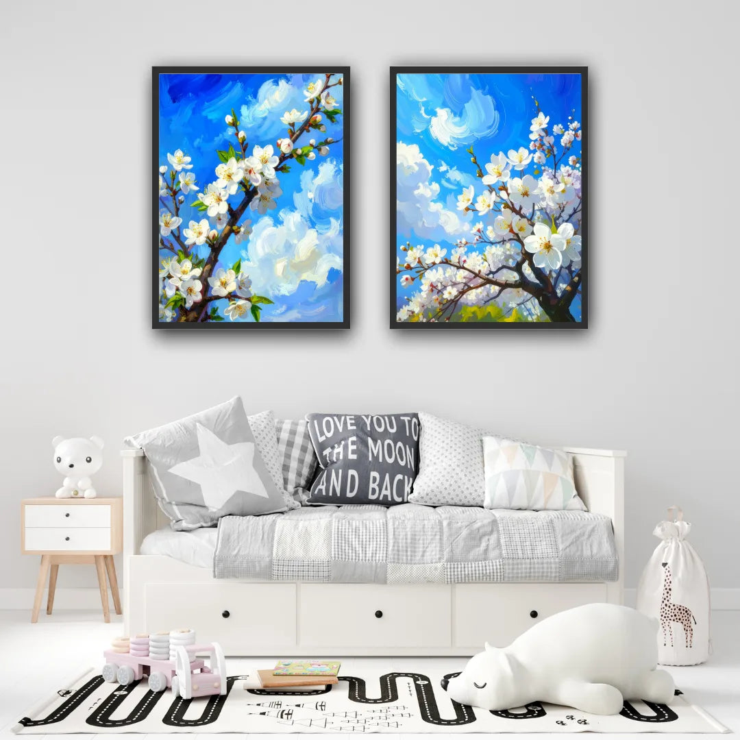 Blue blossom floral wall art canvas set displayed in a bright modern living room
