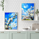 Blue blossom floral wall art canvas set displayed on a kitchen or dining area wall
