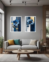 blue floral canvas artwork displayed in cozy and stylish living room