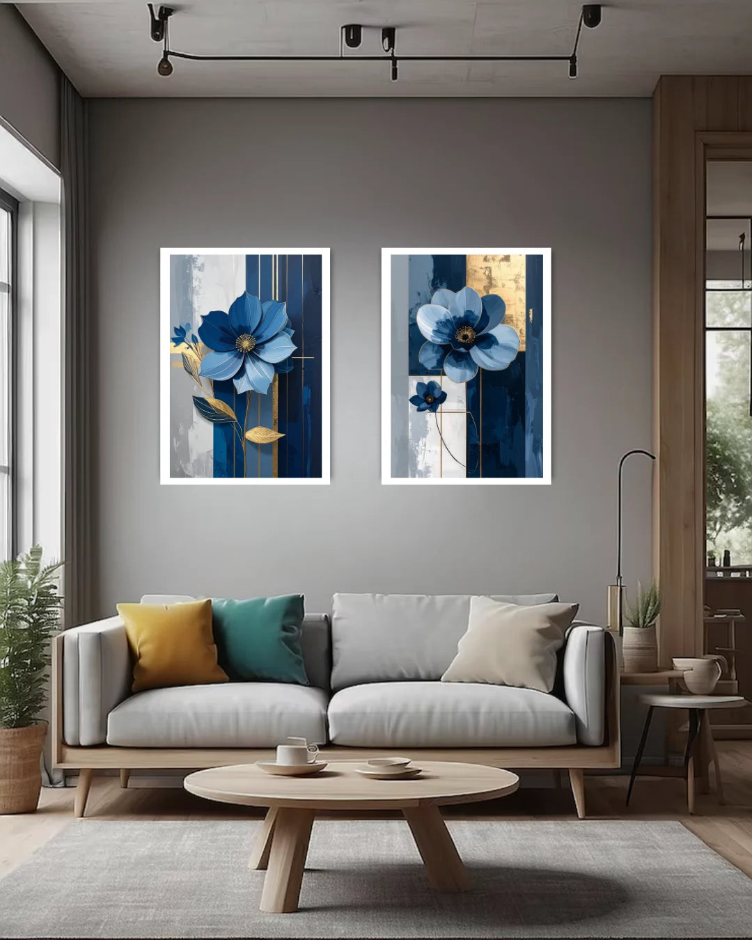 blue floral canvas artwork displayed in cozy and stylish living room