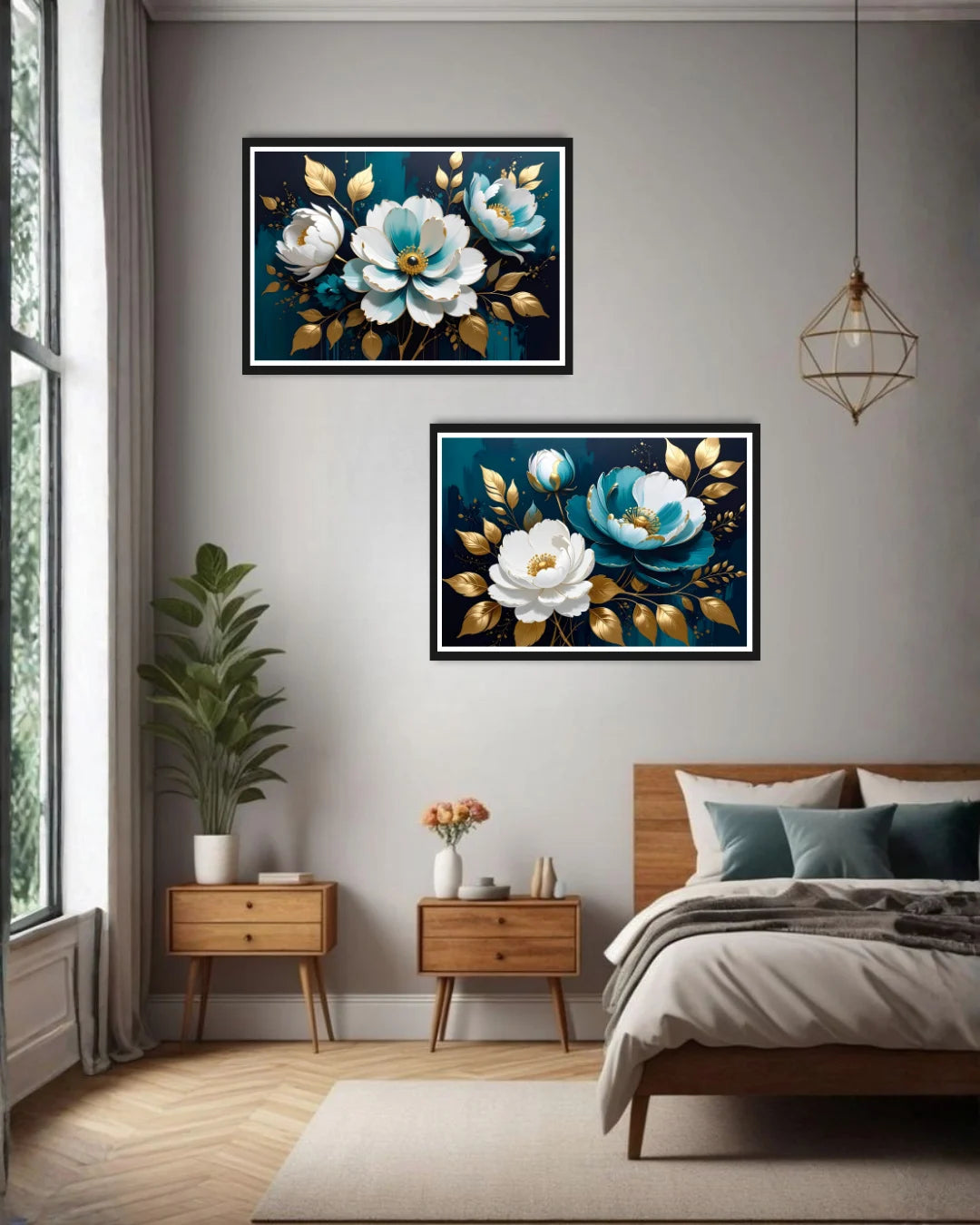 blue floral wall art canvas set displayed in modern bedroom interior