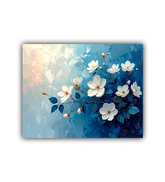 Close-up view of blue floral wall art canvas painting
