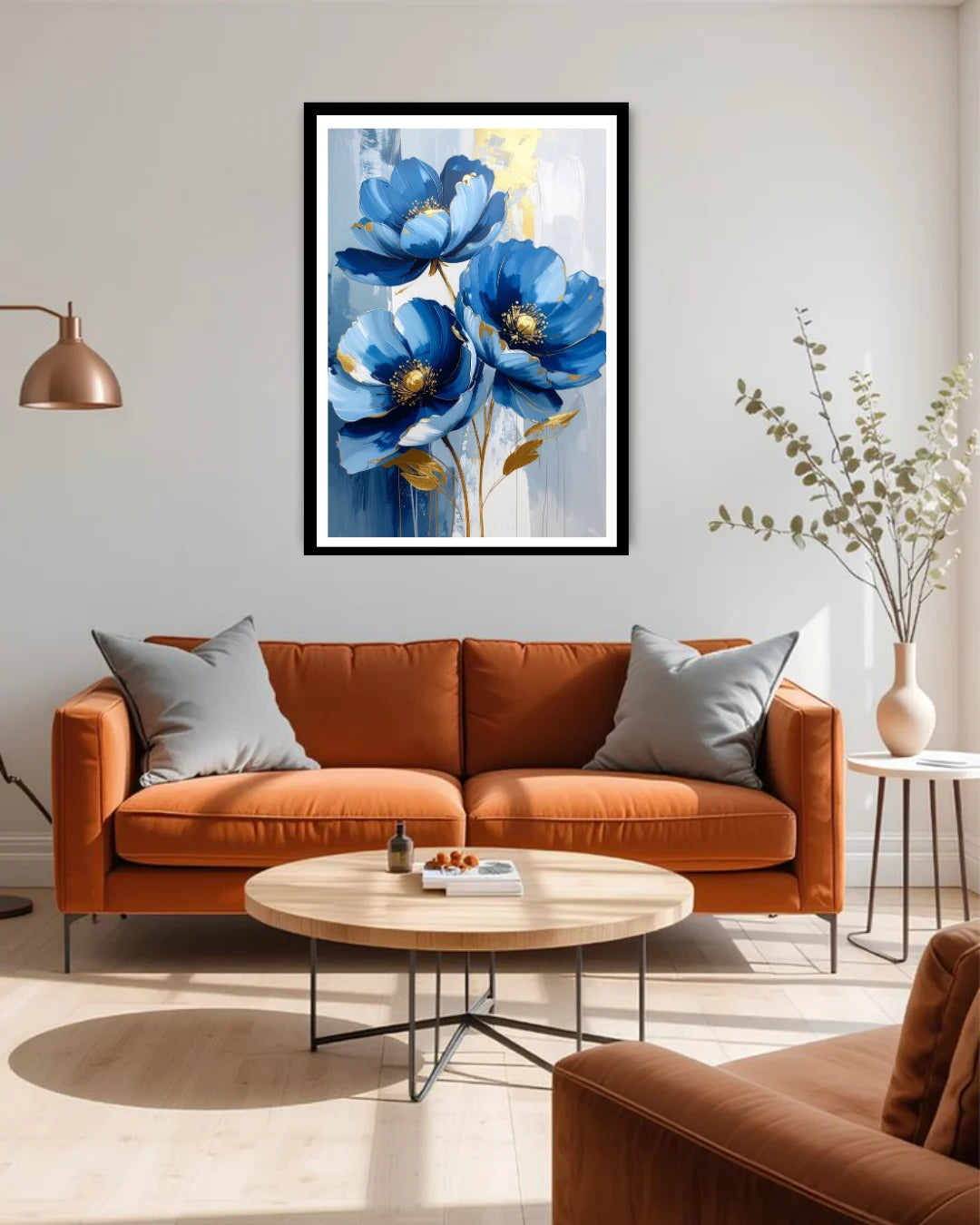 blue floral wall art canvas in modern living room decor