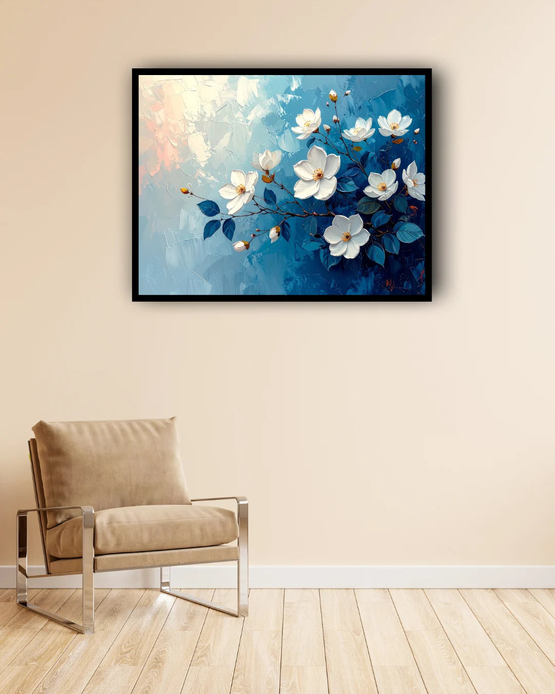 Blue floral wall art canvas displayed in a minimal white interior space
