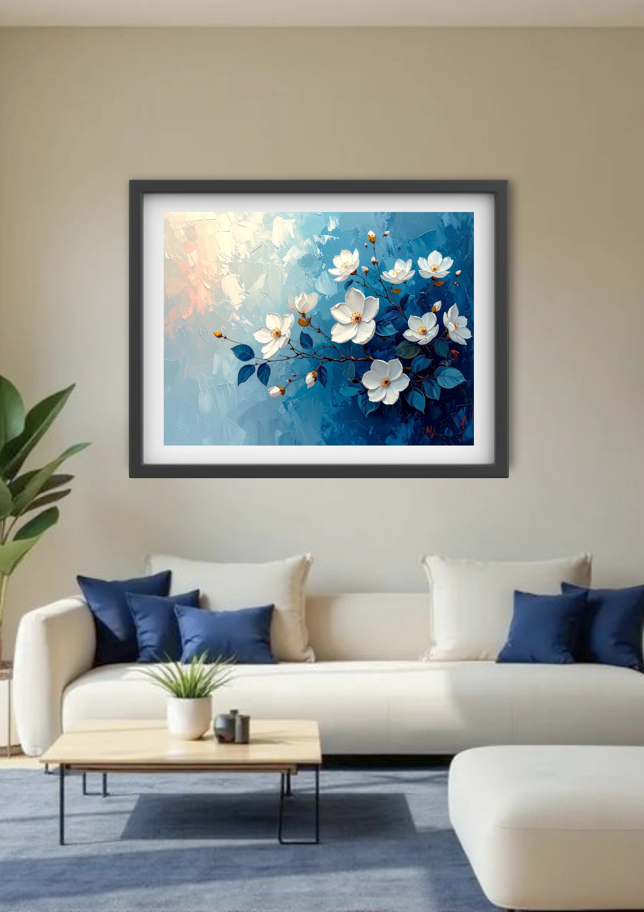 Modern living room decorated with blue floral wall art canvas above sofa
