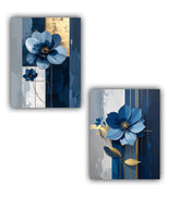 close-up of blue floral wall art canvas with minimal design