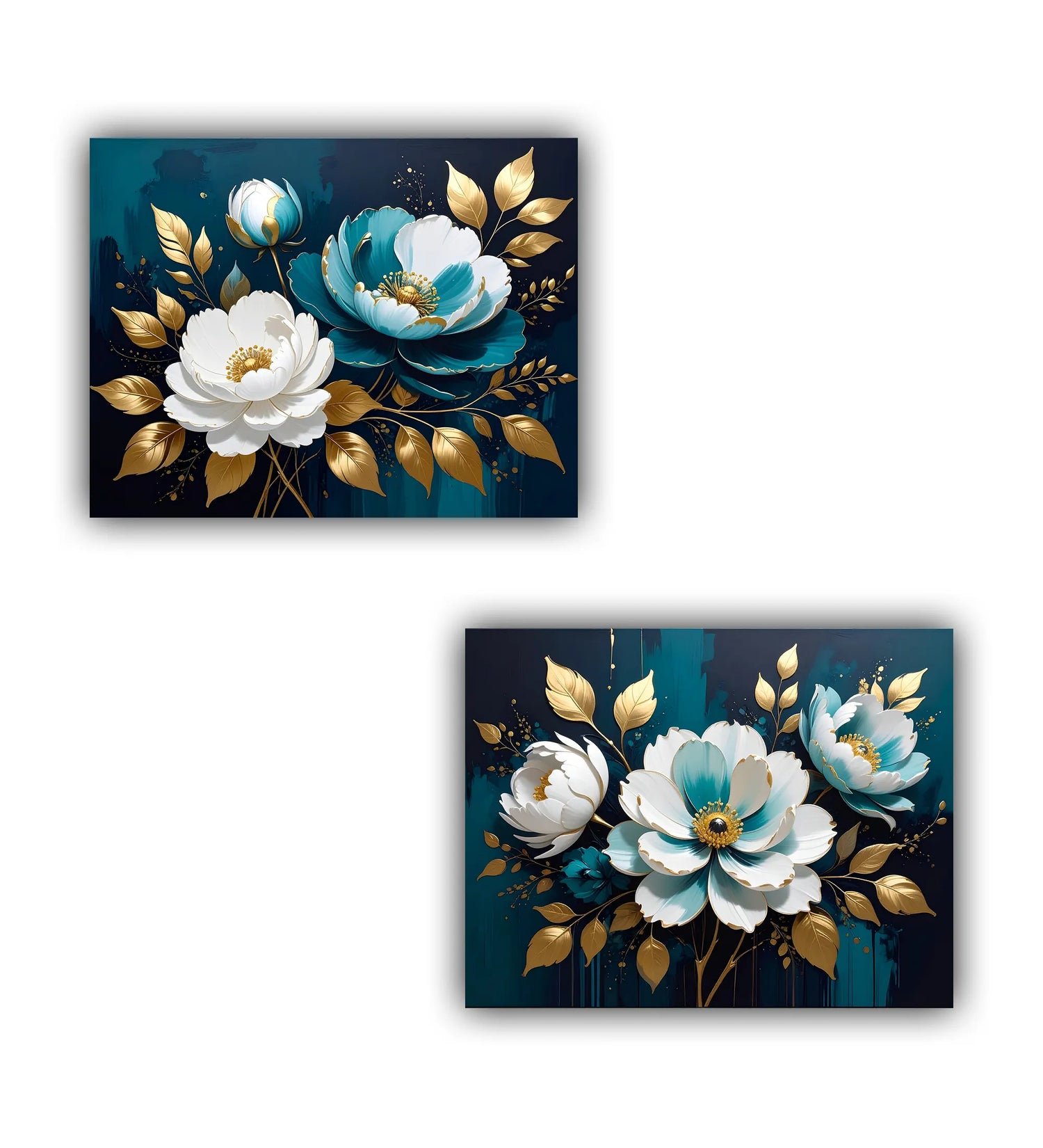close-up of blue floral wall art canvas with gold detailing