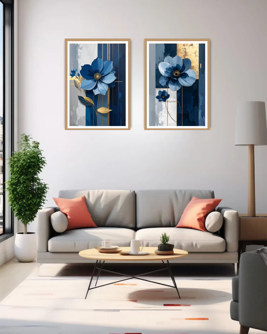 minimal blue floral painting displayed above sofa in cozy home setup