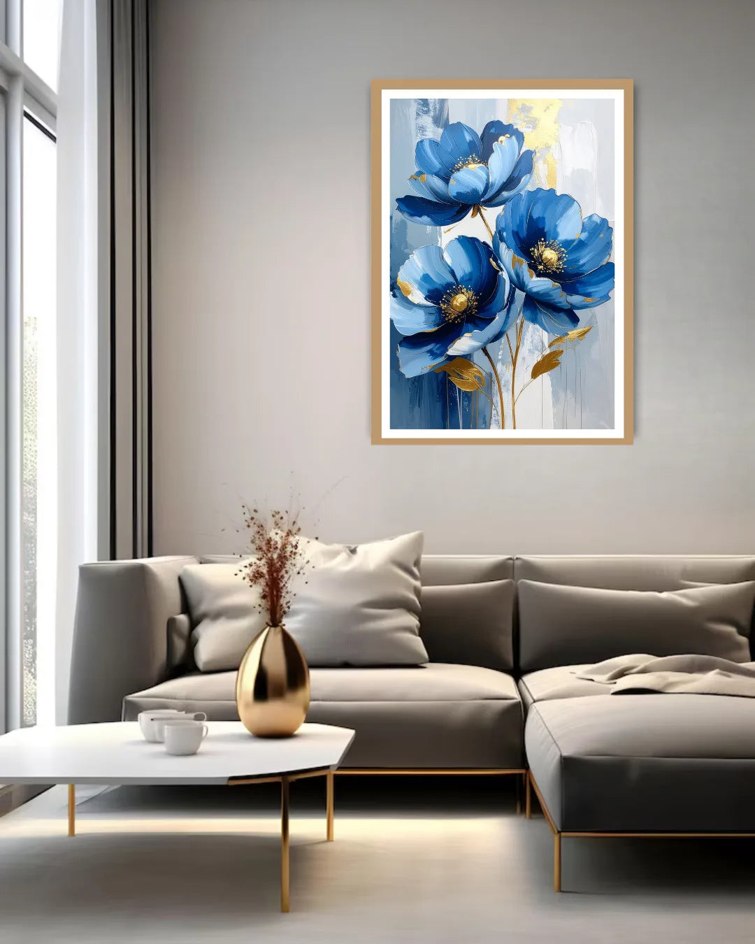 blue flower wall art canvas in modern dining room decor