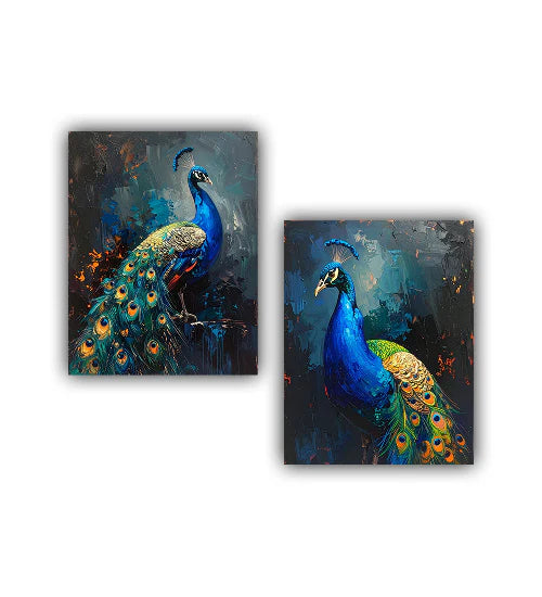 Blue peacock art canvas dual wall frame with artistic detailing