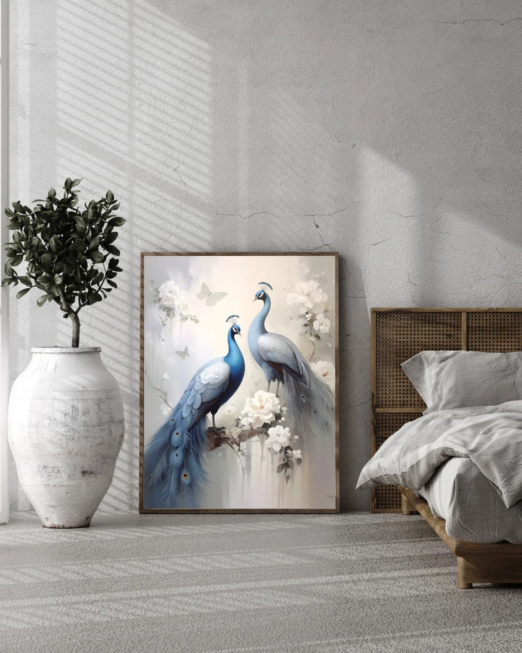 Blue peacock canvas painting wall decor for bedroom and modern interior