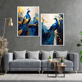 Blue peacock wall art canvas painting set with modern bird design for living room
