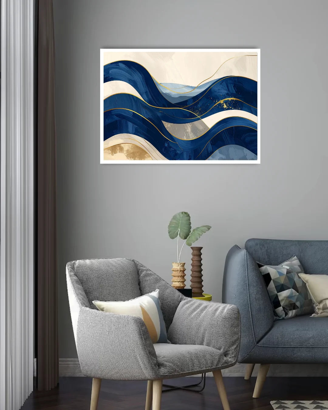 blue wave wall art canvas in modern bedroom decor