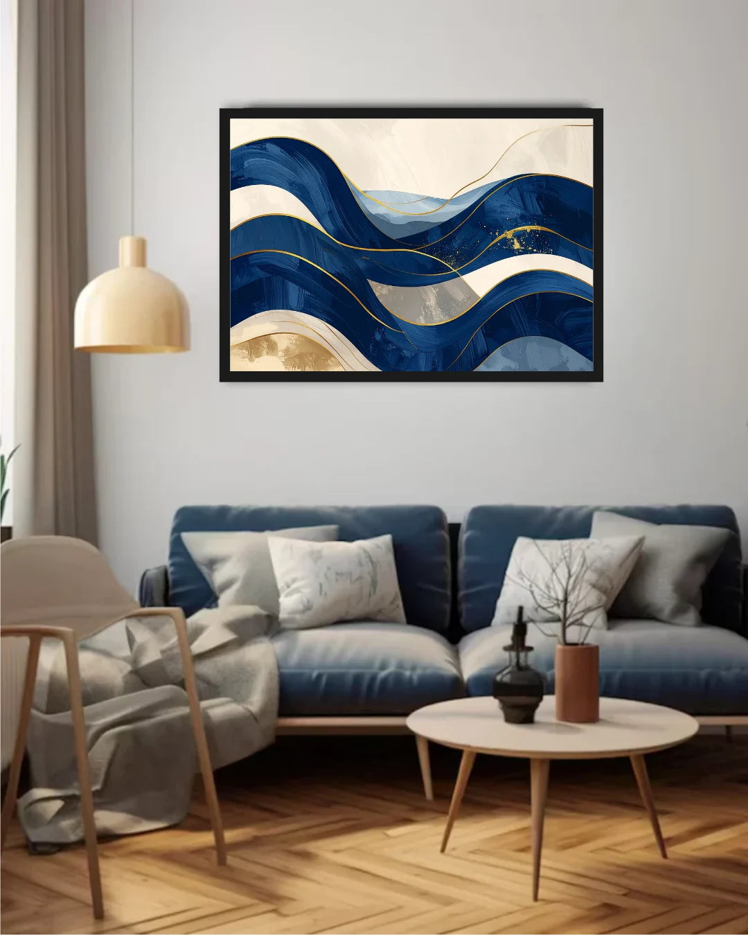 Living room with a blue and gold abstract painting on the wall